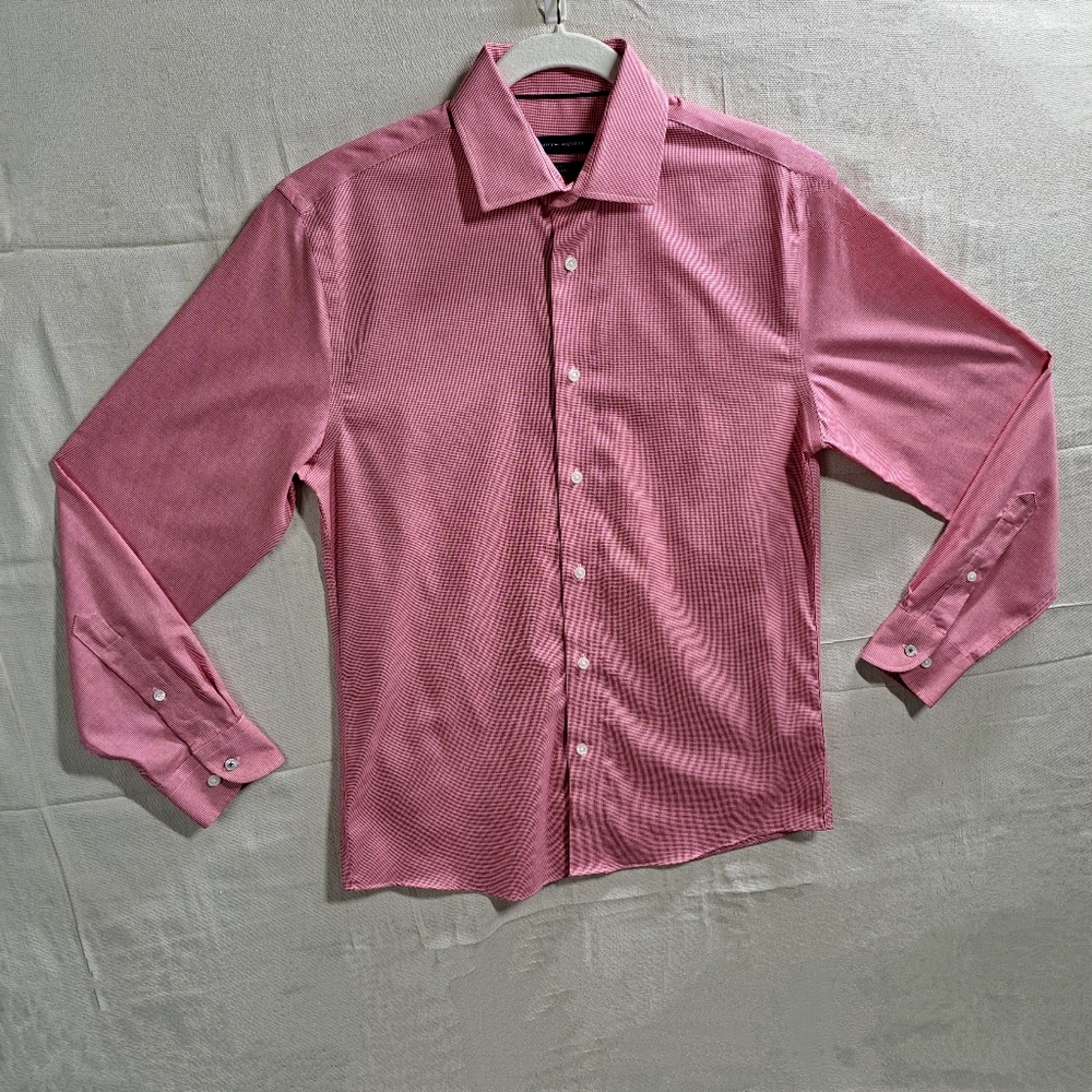 Tommy Hilfiger Men Red White MicroCheck 15 32/33 Long Sleeve Button Front Shirt
